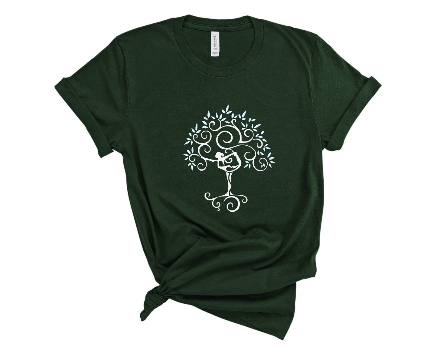 Yoga Tree of Life t-shirt in soft breathable fabric for studio and everyday wear in dark green