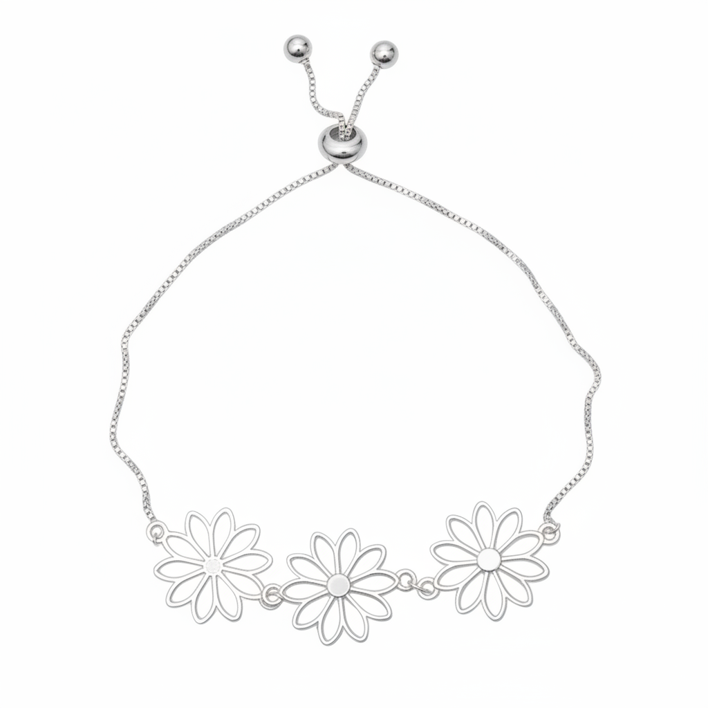 Silver triple flower bracelet Bali handmade boho floral jewelry
