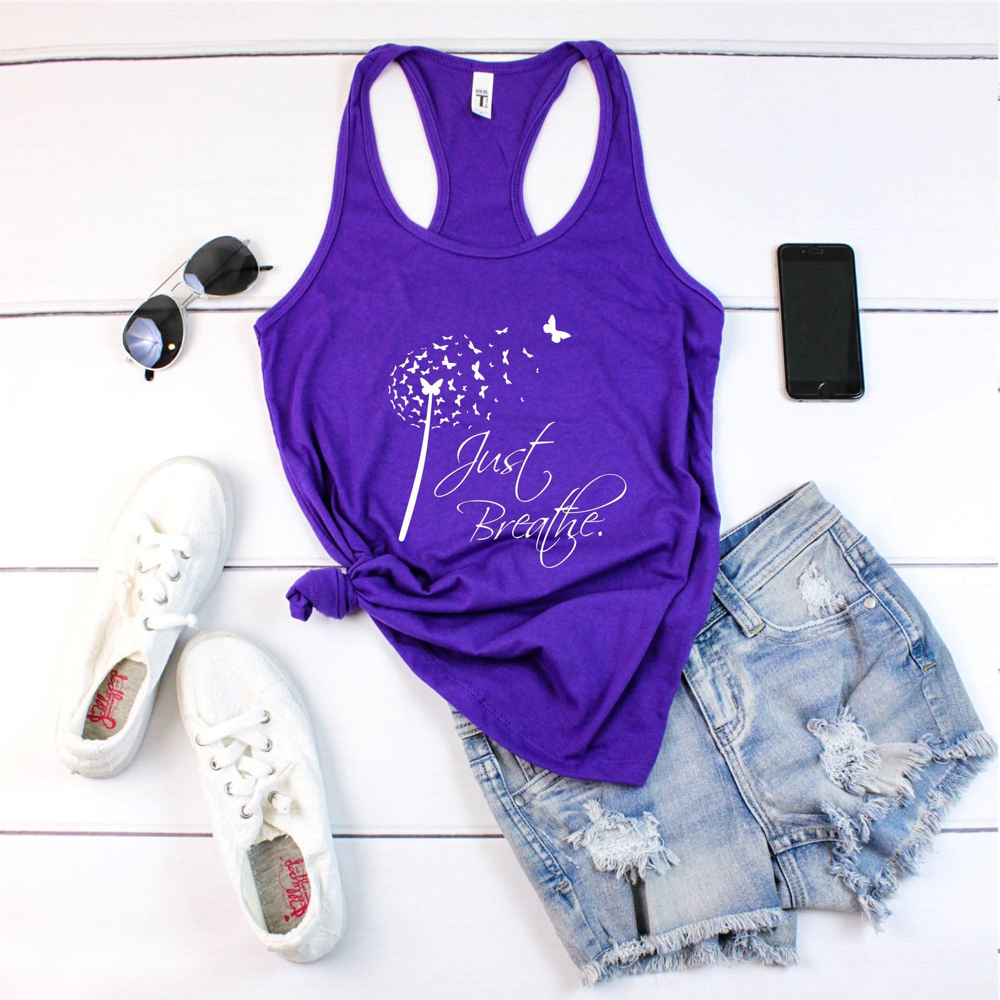 Just Breathe tank top close-up showing soft fabric and butterfly dandelion print detail in purple
