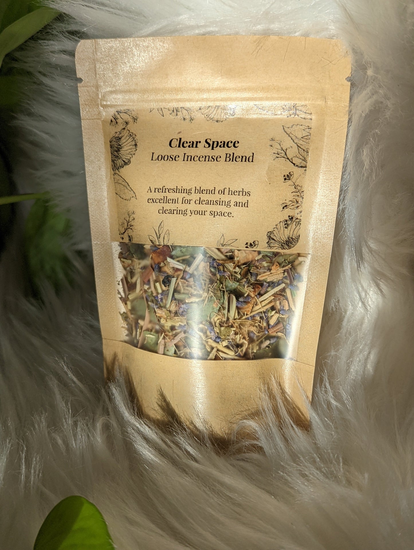 Clear Space loose incense close-up showing natural botanical herb blend detail