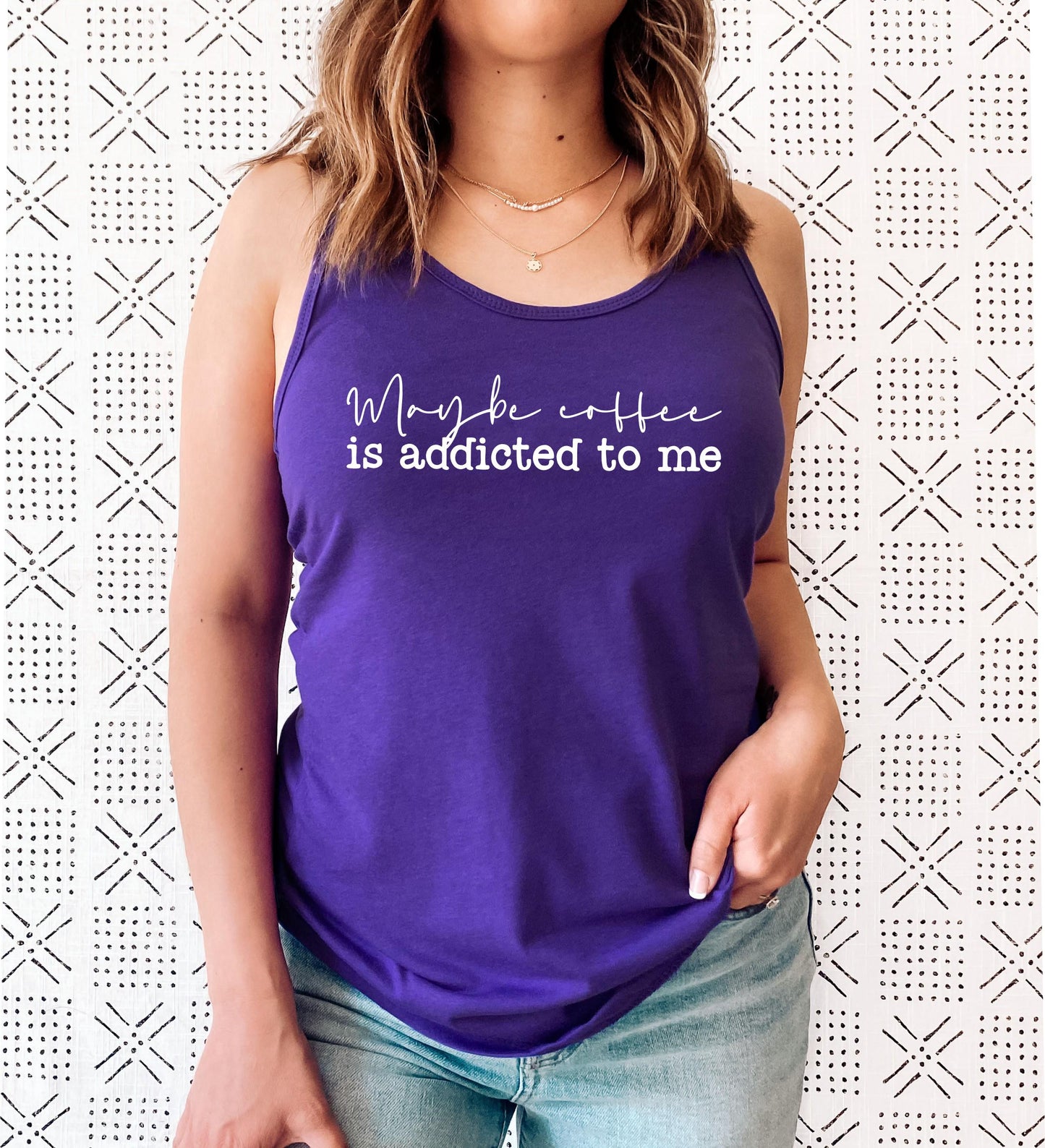 Funny coffee lover's racerback tank top as a perfect gift for coffee enthusiasts in purple