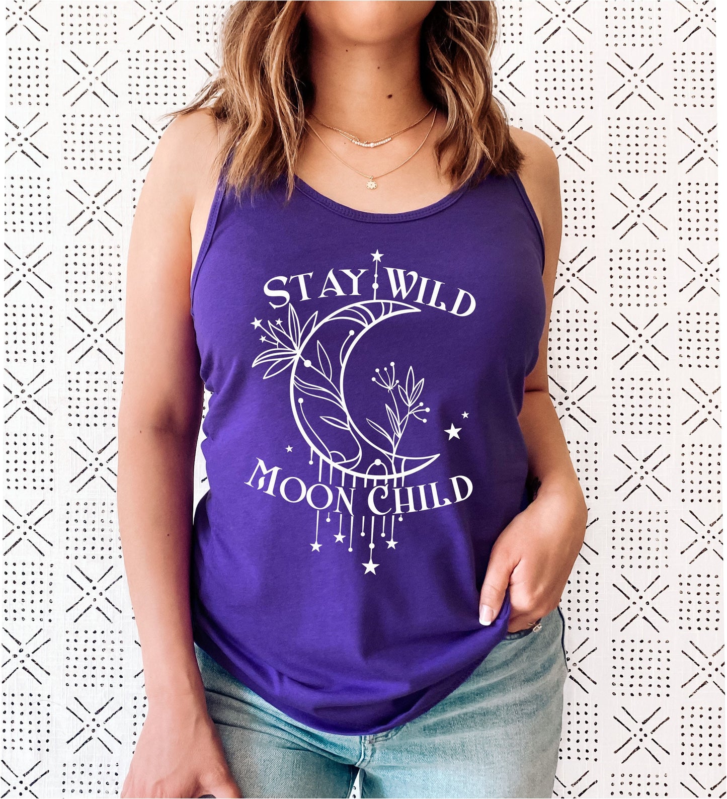 Empowering moon child racerback tank top for wild, free and spiritual women in purple