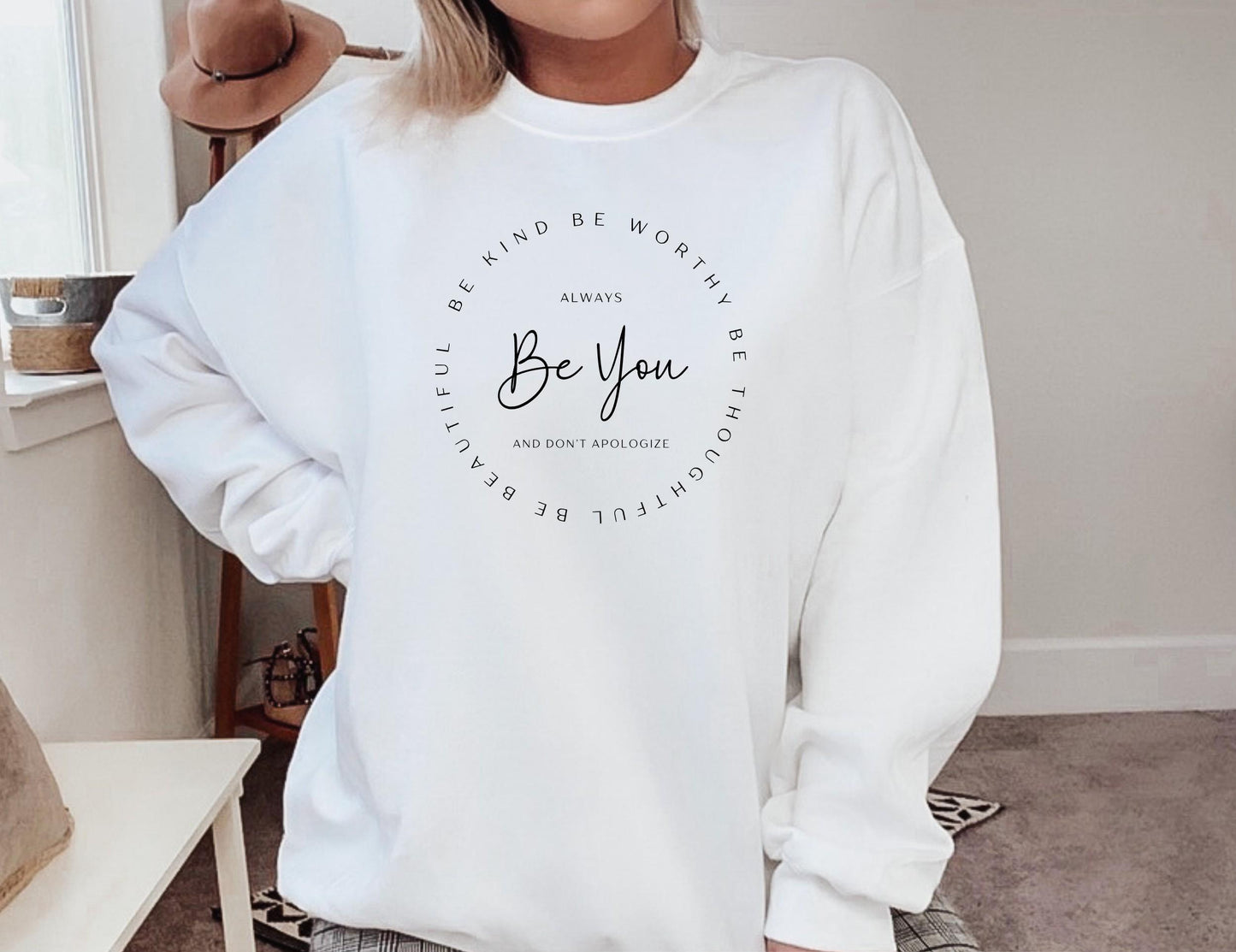 Inspiring women's affirmation sweatshirt as a perfect gift for uplifting someone special in white