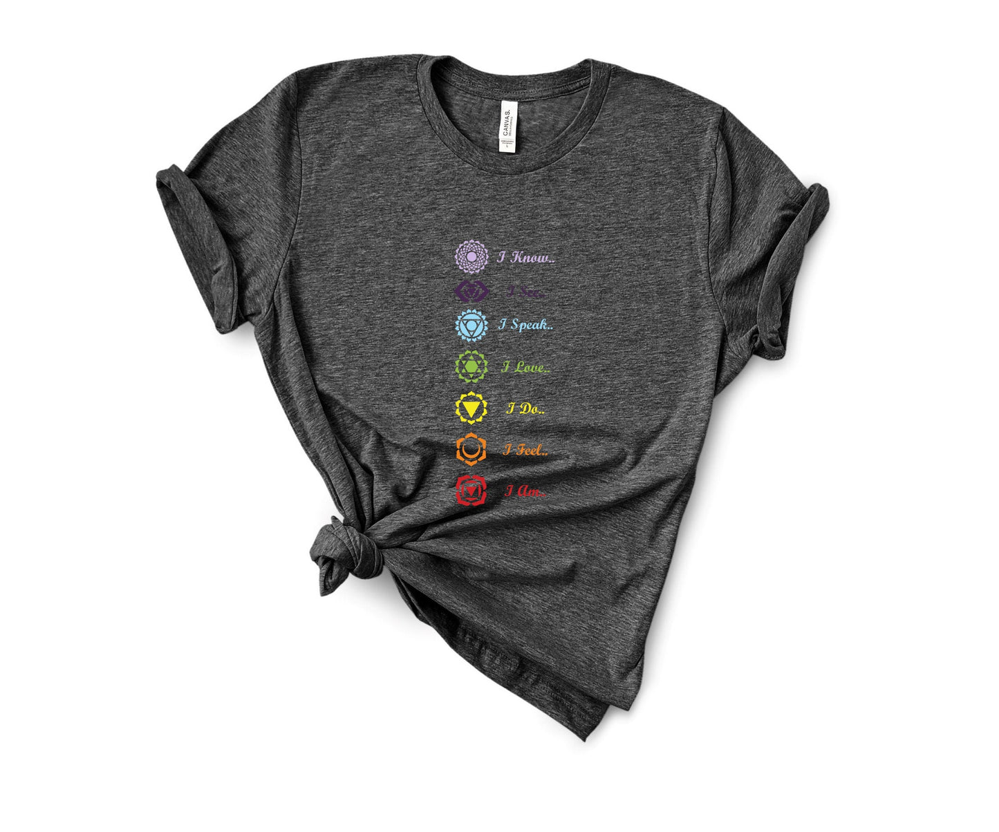 Spiritual chakra t-shirt as a perfect gift for yoga and wellness enthusiasts in dark grey