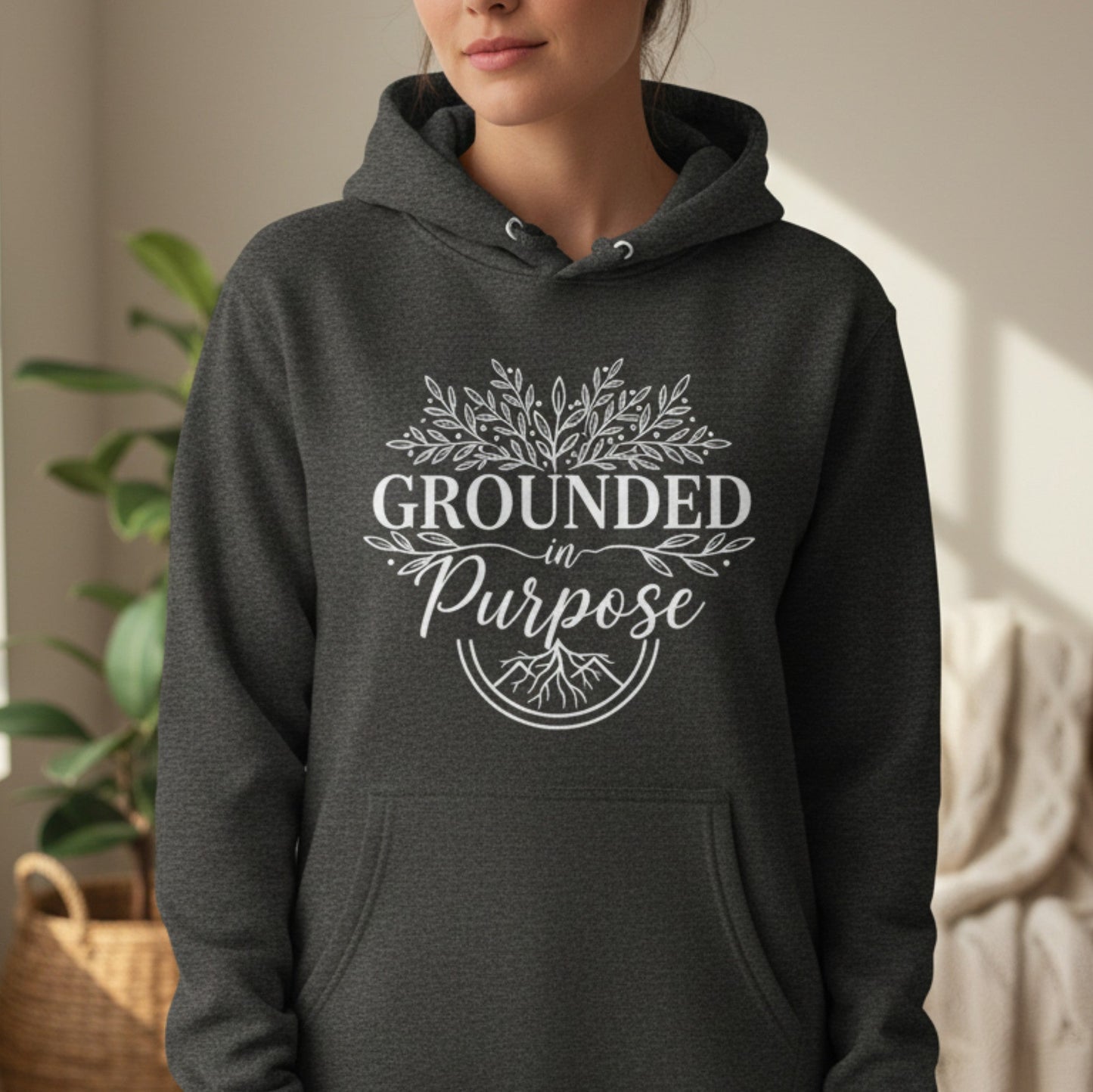 Grounded In Purpose women's pullover hoodie in dark heather grey — cozy mindfulness gift for her, perfect for yoga retreats, journaling mornings, or gifting to the woman who knows her why
