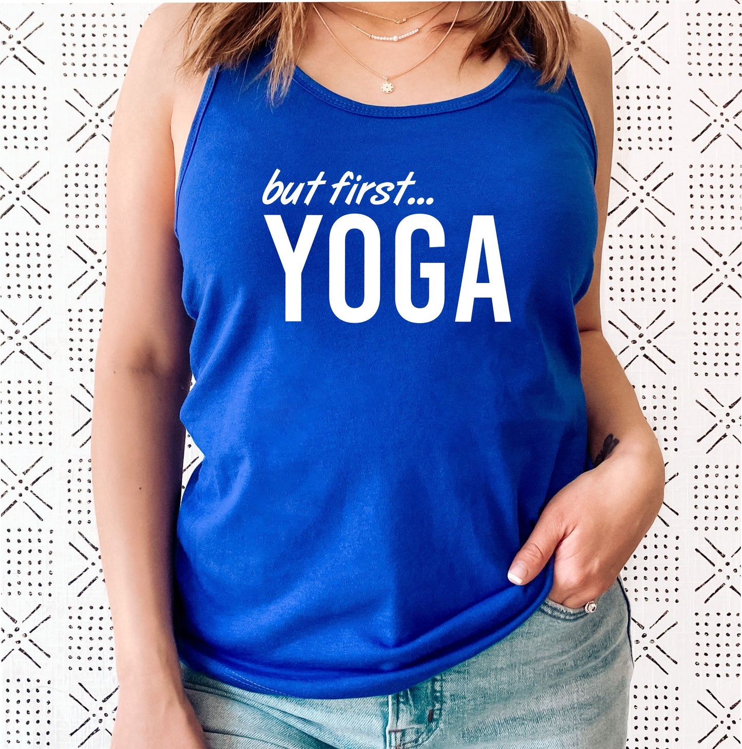 Funny and relatable women's yoga tank top for mindful and active lifestyles in blue