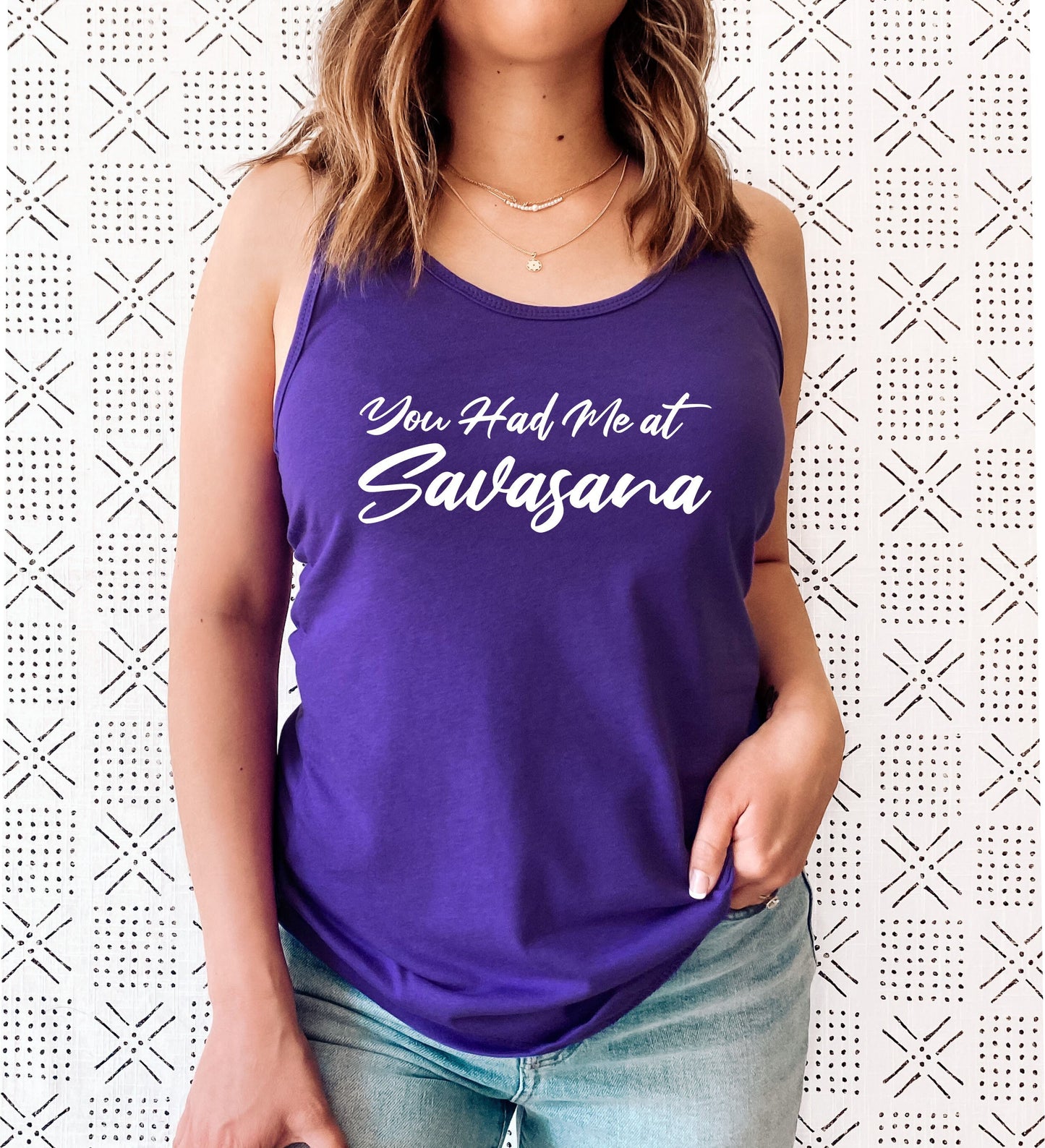 Funny yoga tank top as a perfect gift for savasana-obsessed yoga enthusiasts in purple