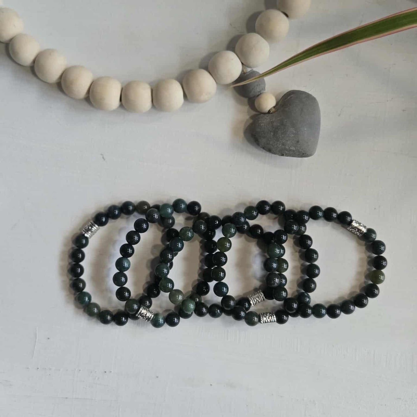 Moss Agate crystal bracelet lifestyle — grounding green stone bracelet for women