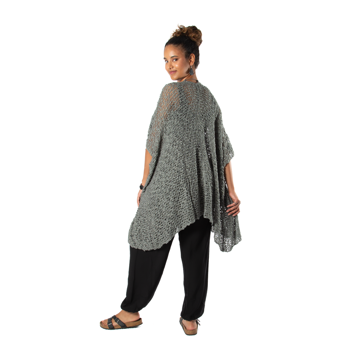 Handmade popcorn knit mid length kimono back view grey Bali artisan clothing