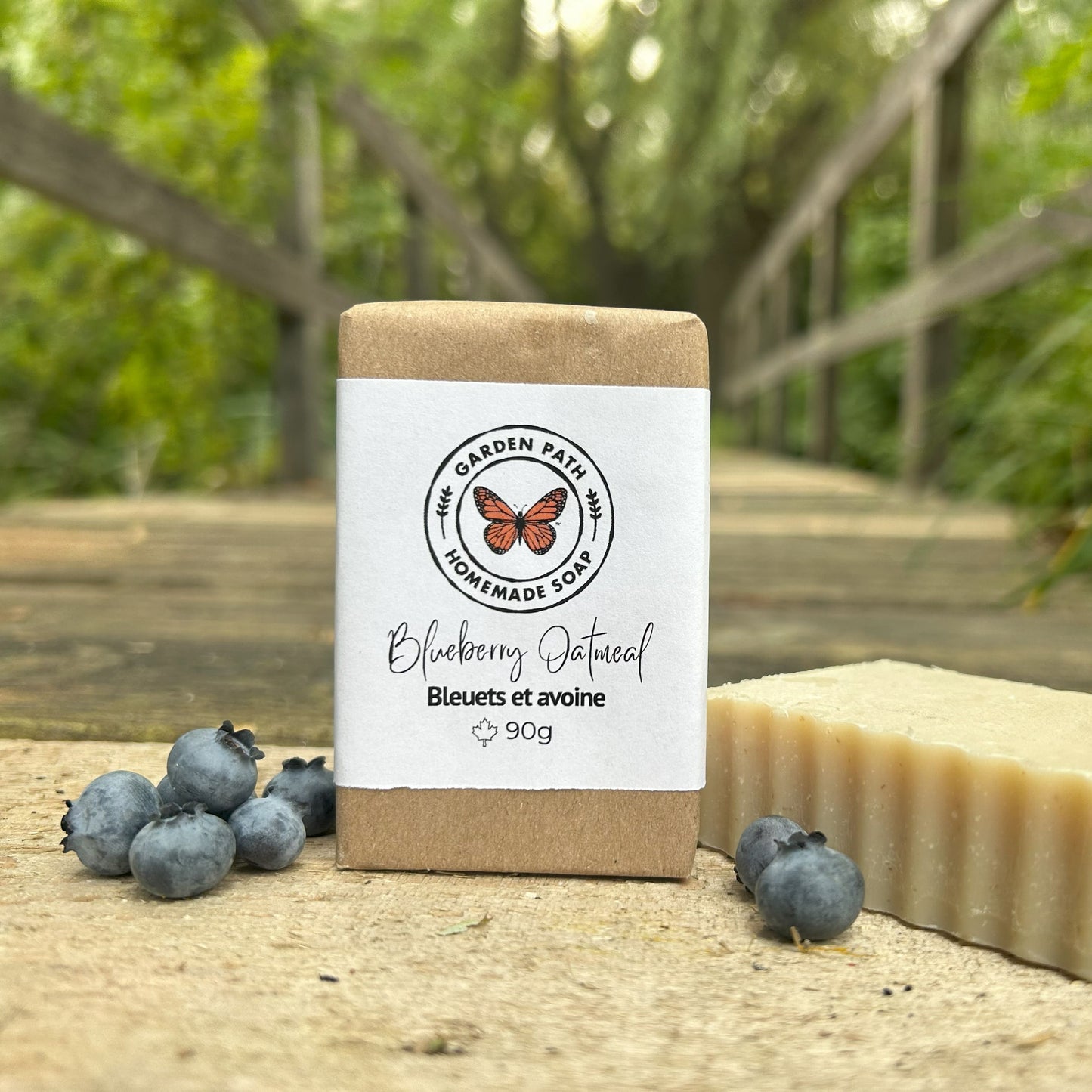 Blueberry oatmeal natural bar soap handmade in Canada — cold process exfoliating soap with fresh blueberry fragrance and soothing oats, 90g