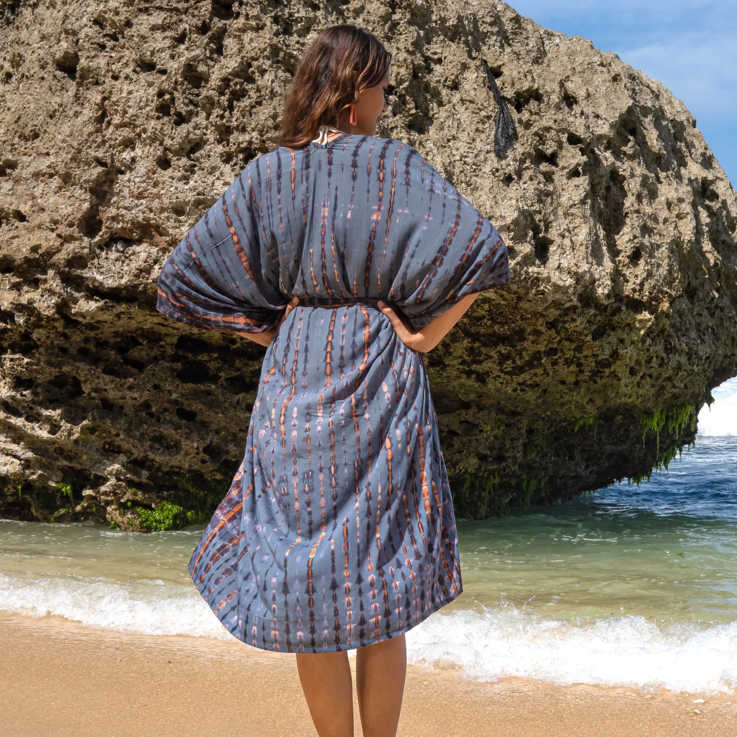 Denim and gold tie dye kimono fabric texture close up back view