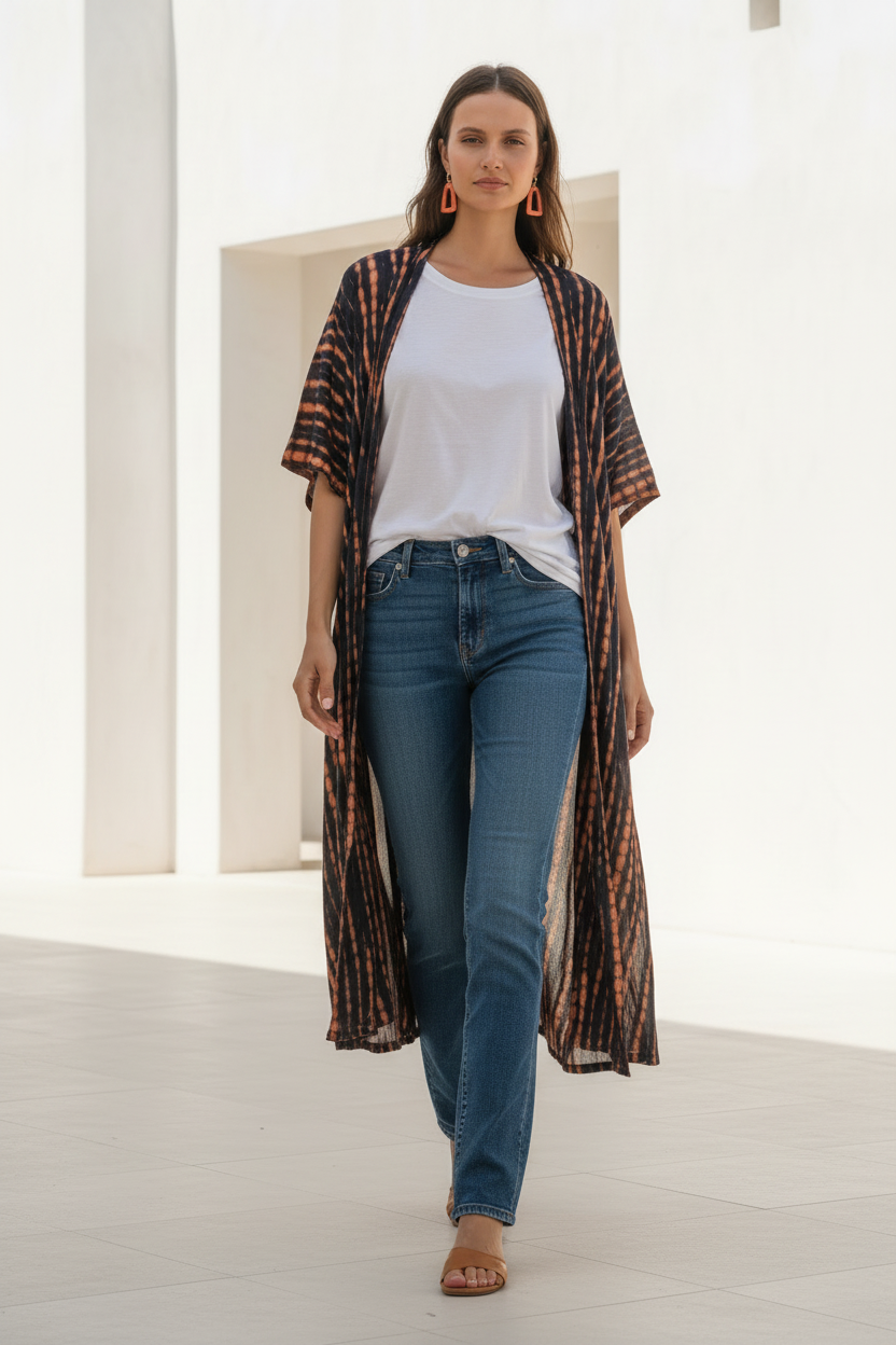Boho orange black kimono open front casual wear
