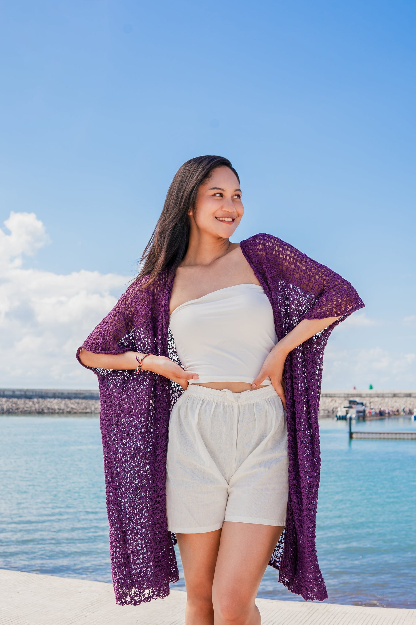 Bali artisan handmade popcorn knit mid length kimono purple