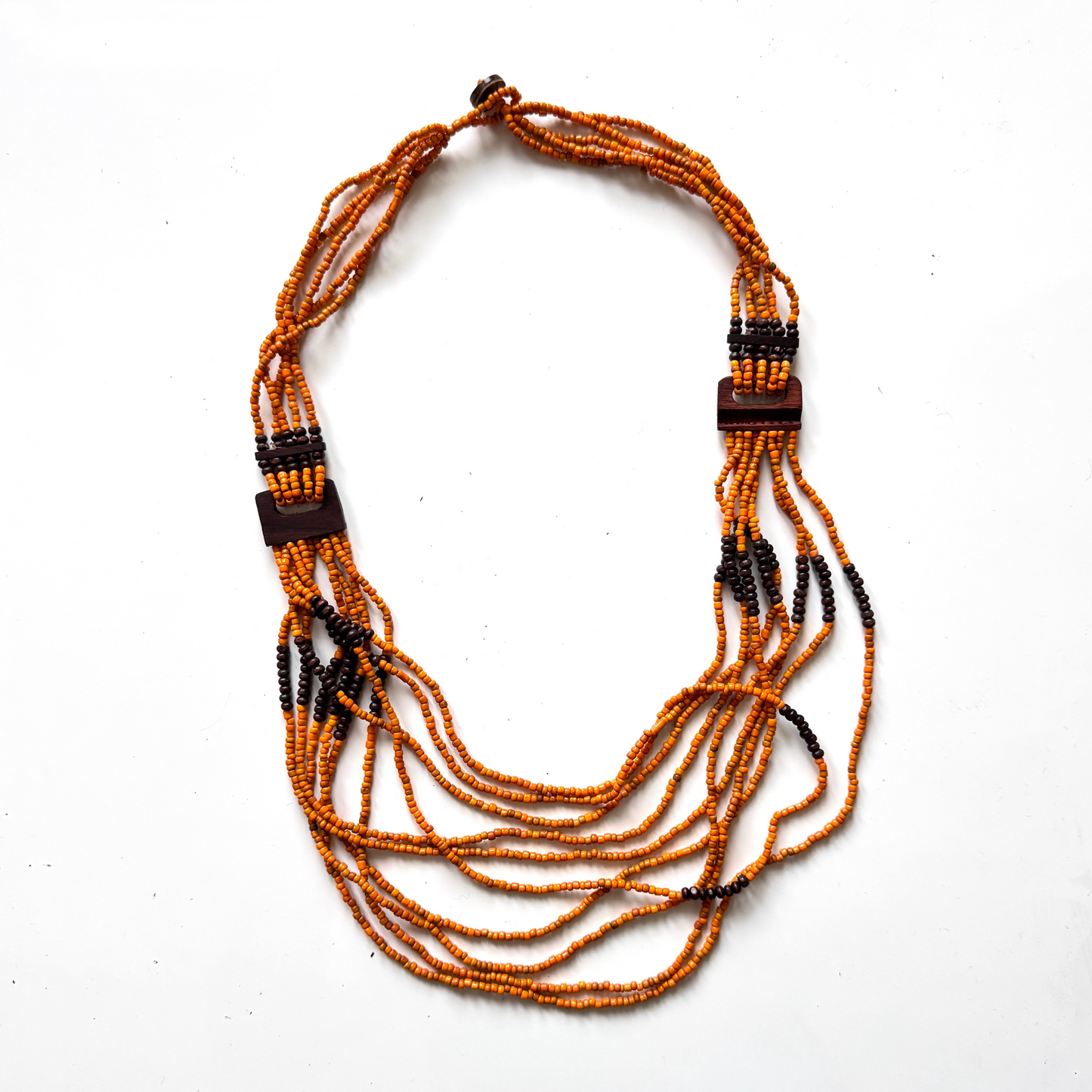 Artisan wooden ring layered necklace Bali boho jewelry orange and black