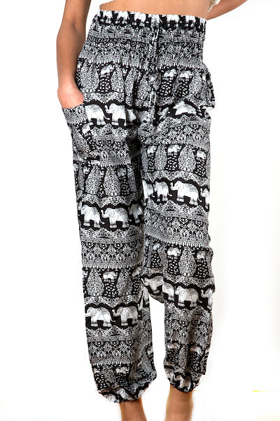 Handmade black white elephant Bali pants fabric texture close up