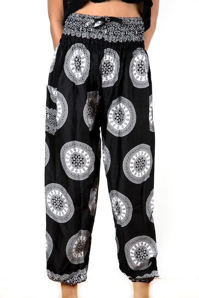 Black and white circle print Bali pants handmade boho women's trousers