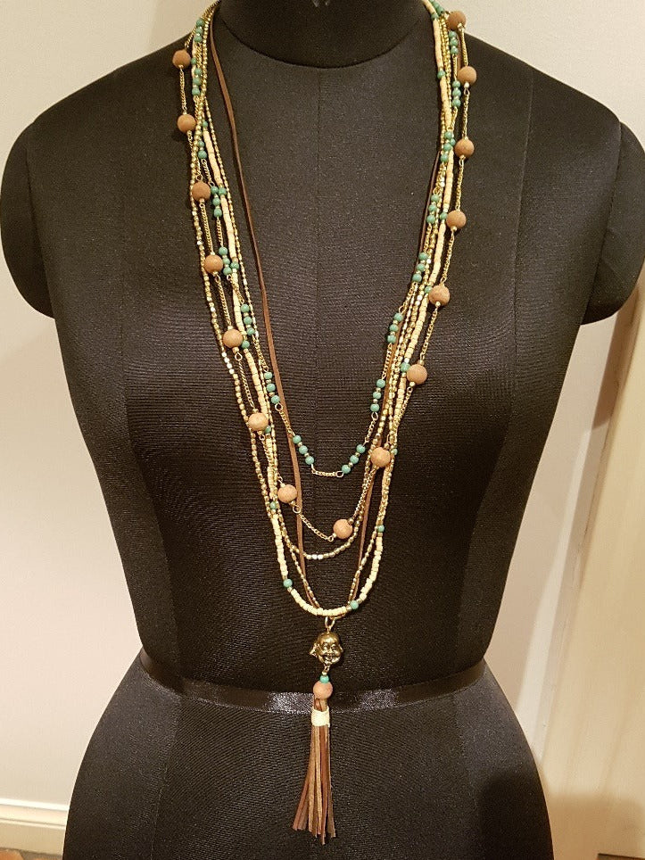 Handcrafted multi-string antique gold Buddha necklace with layered chains — ethically sourced bohemian spiritual jewelry made in India
