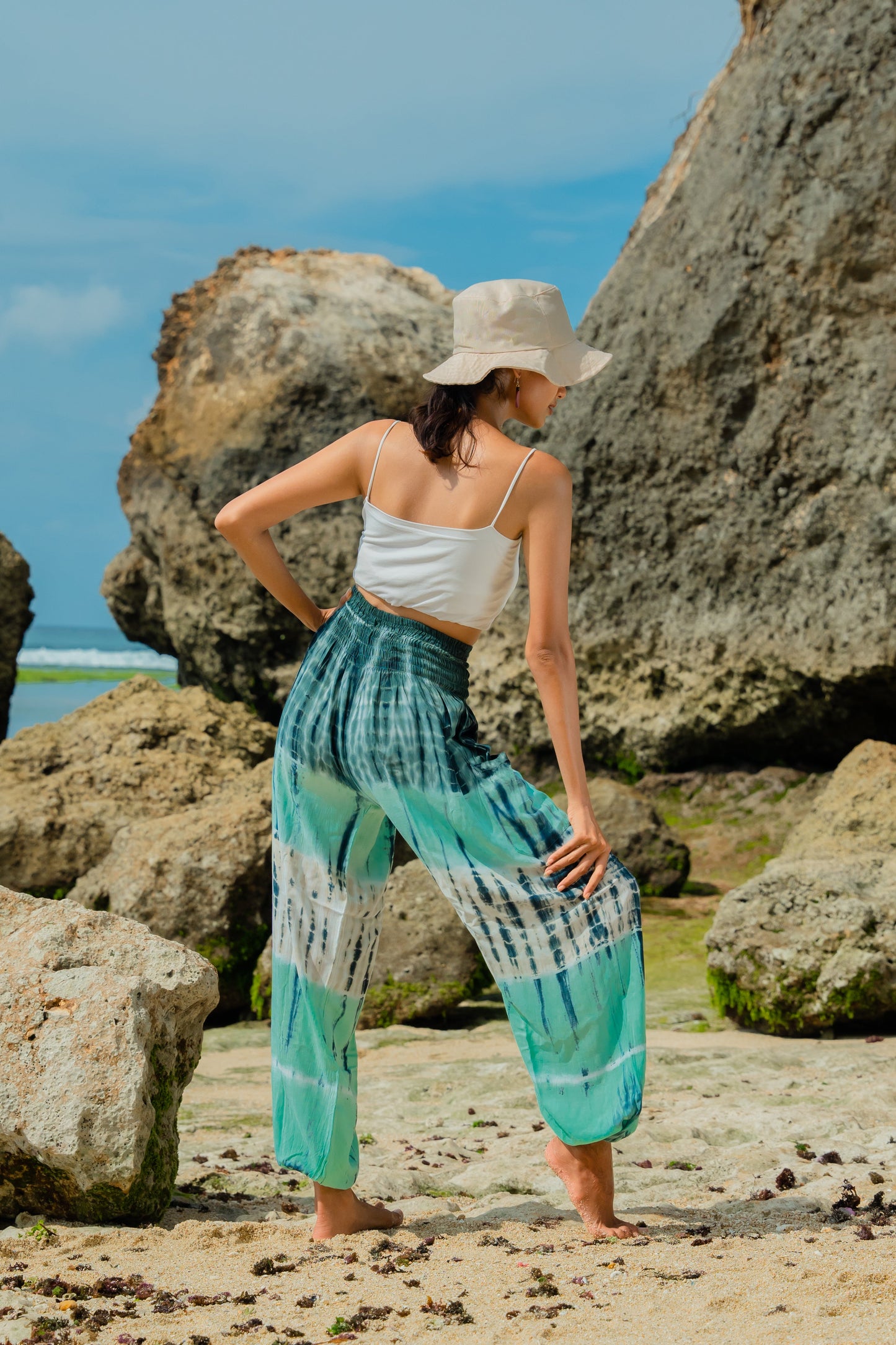Turquoise and grey tie dye stripe Bali pants handmade boho women's trousers back view