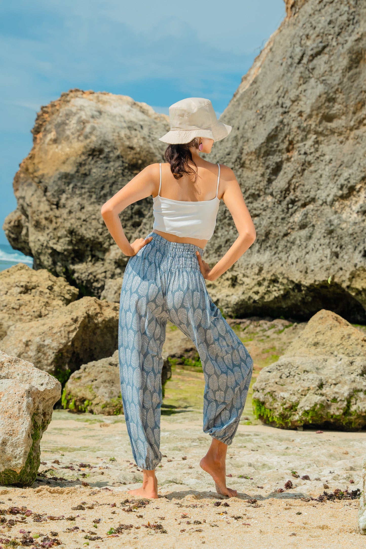 Grey white leaf print Bali pants open waist beach resort wear back view