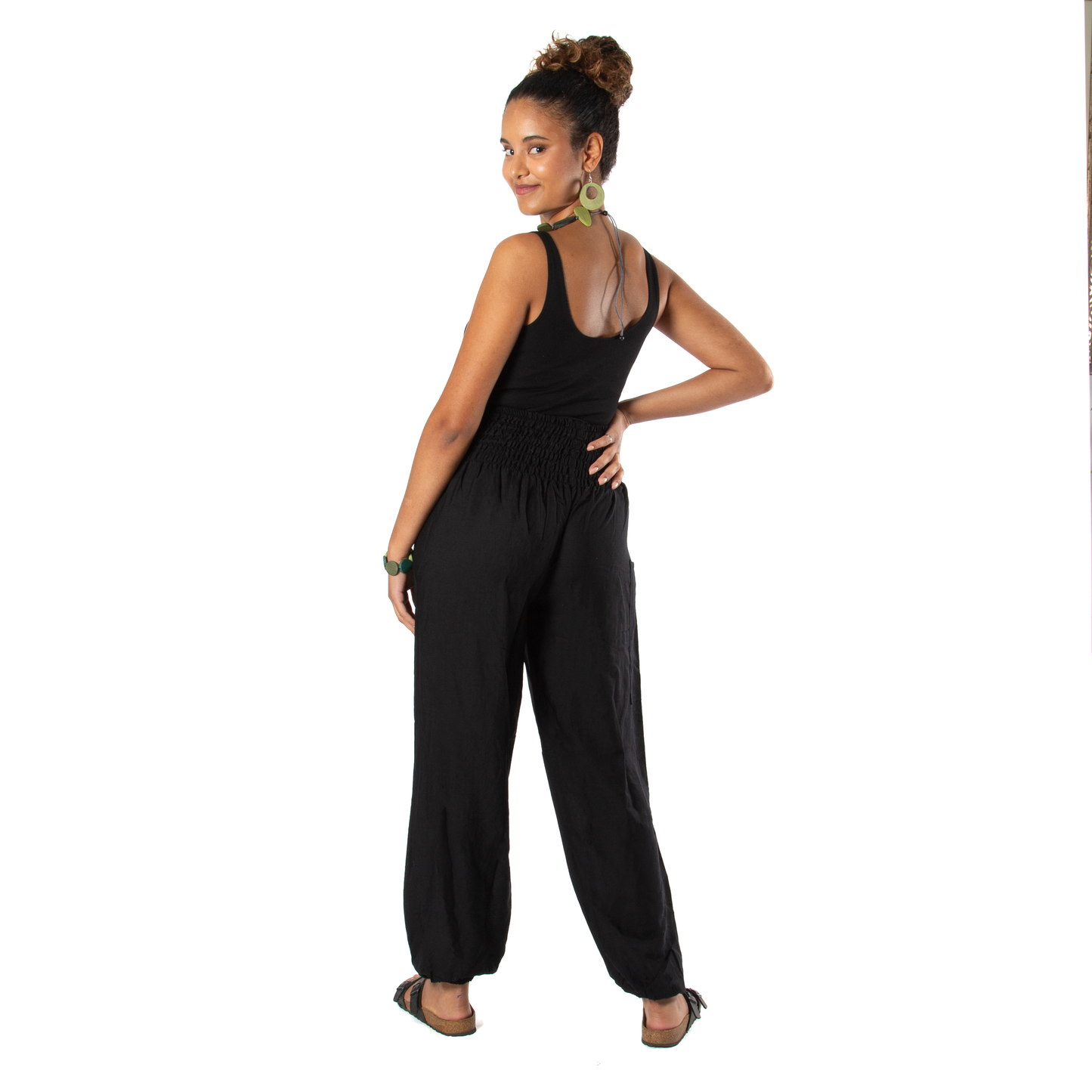 Simple black Bali pants handmade boho women's trousers back view