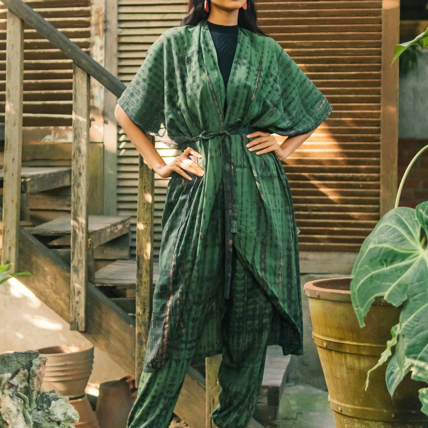 Green gold tie dye kimono open front women's beach coverup