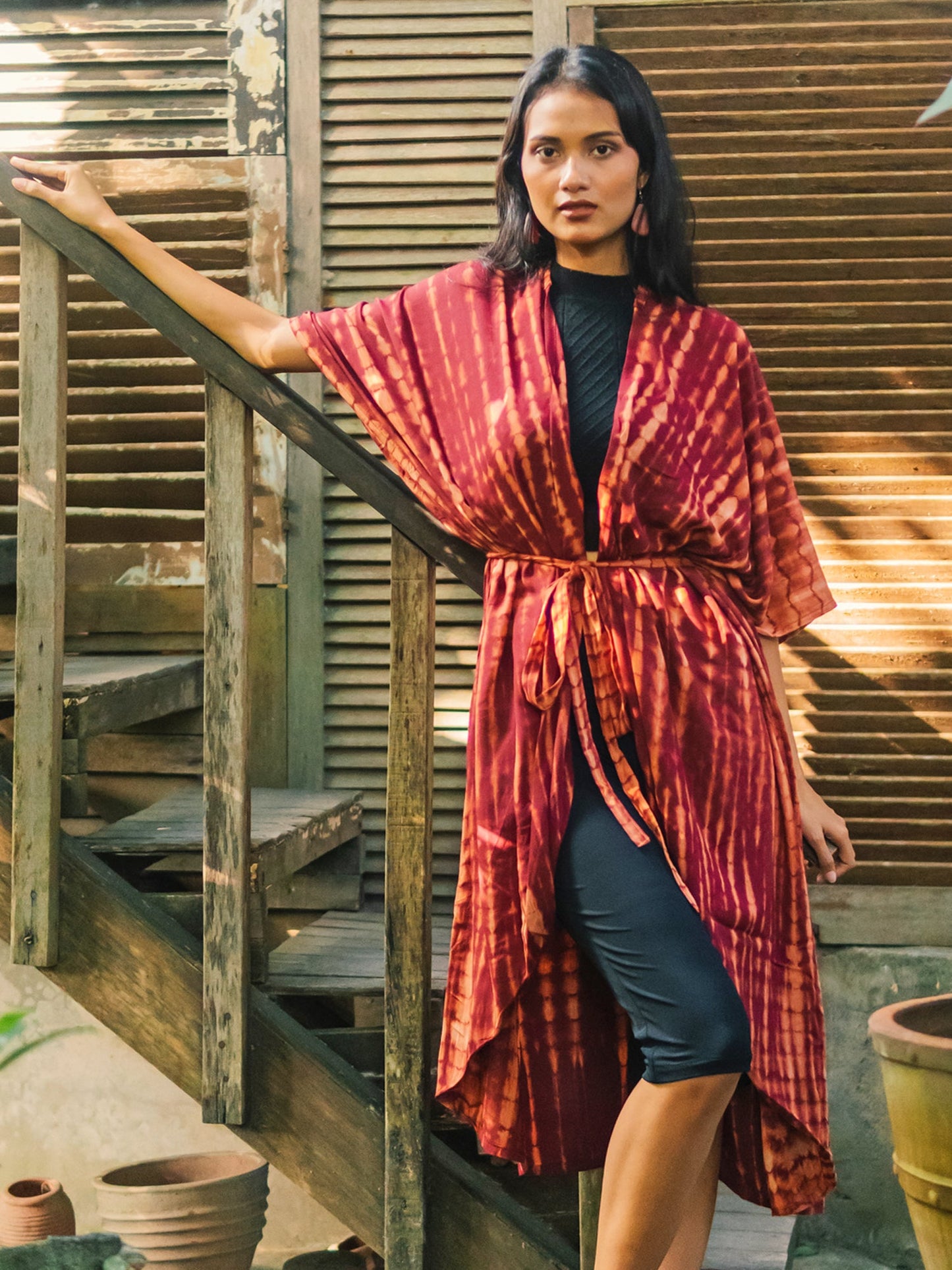 Maroon and gold tie dye kimono