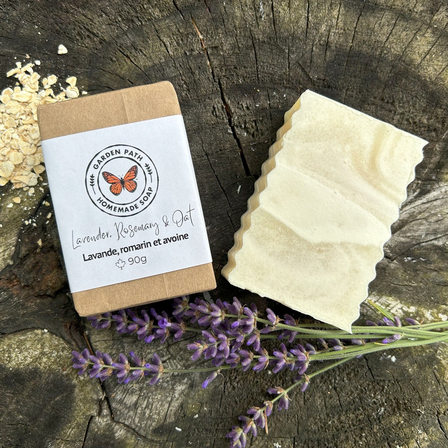 soap handmade in Canada — cold process soap with real lavender sprigs and oatmeal, 90g