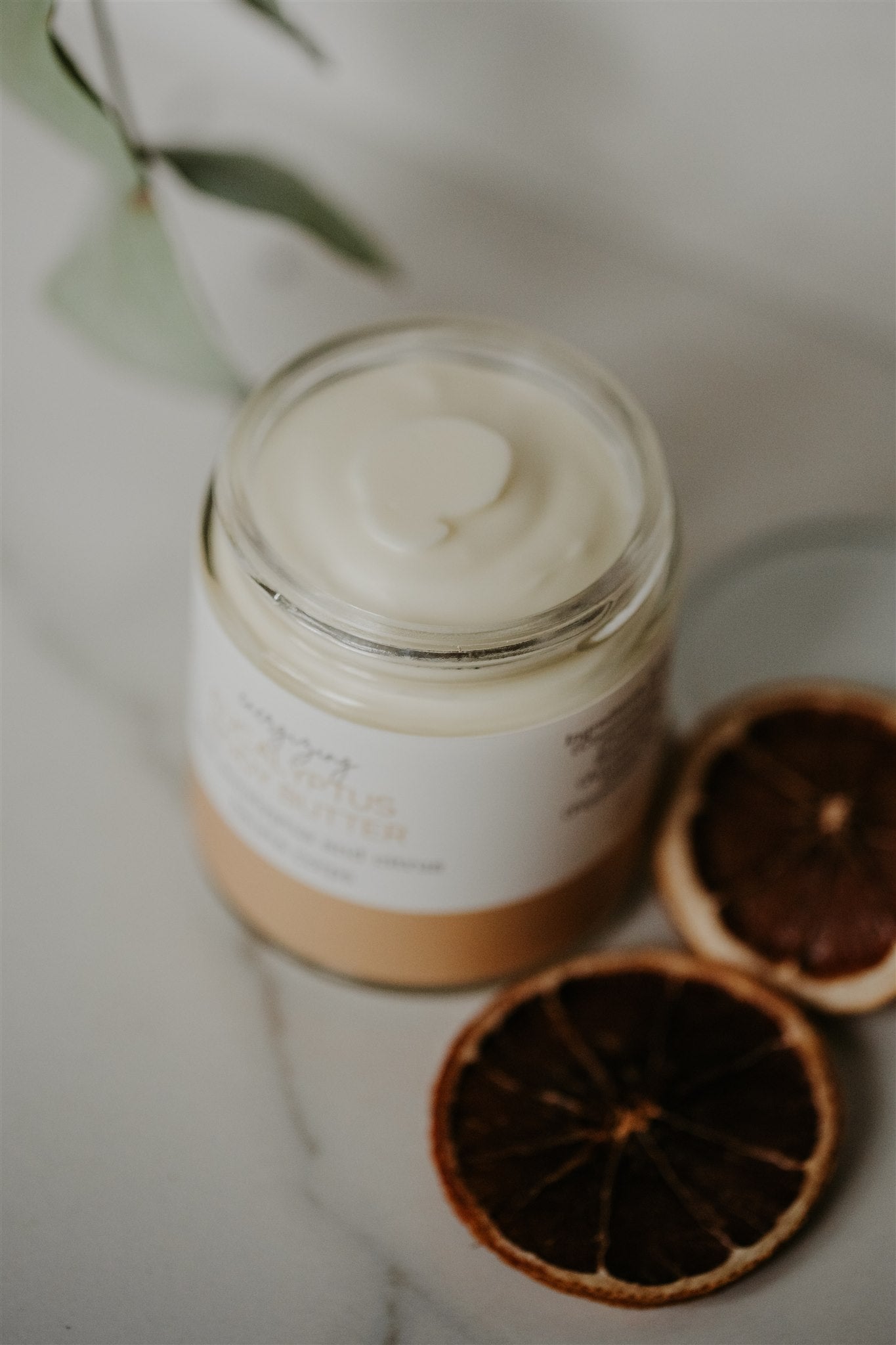Natural eucalyptus mint body butter close-up showing rich creamy texture