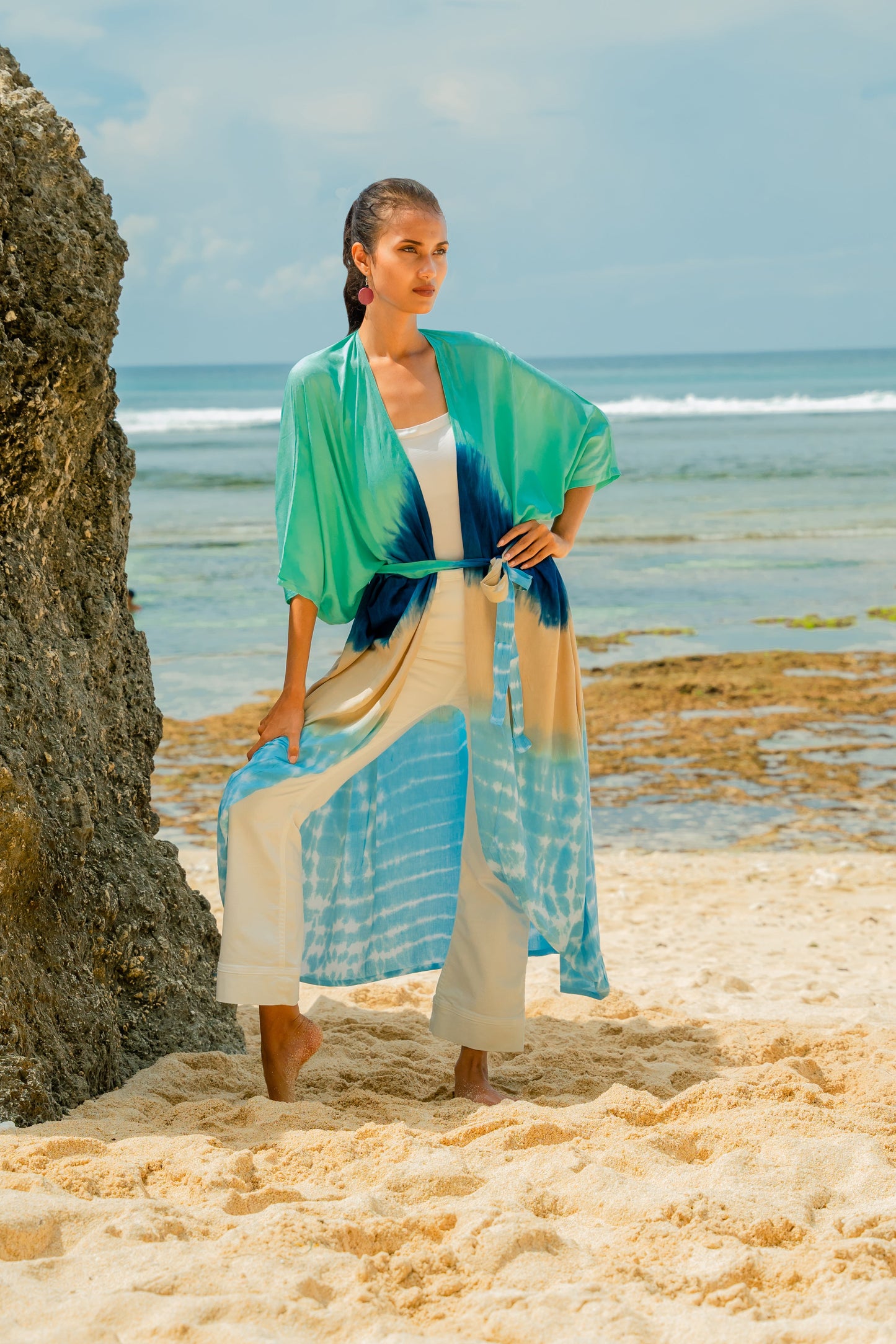 Blue and tan ombre striped kimono Bali handmade boho beach cover up