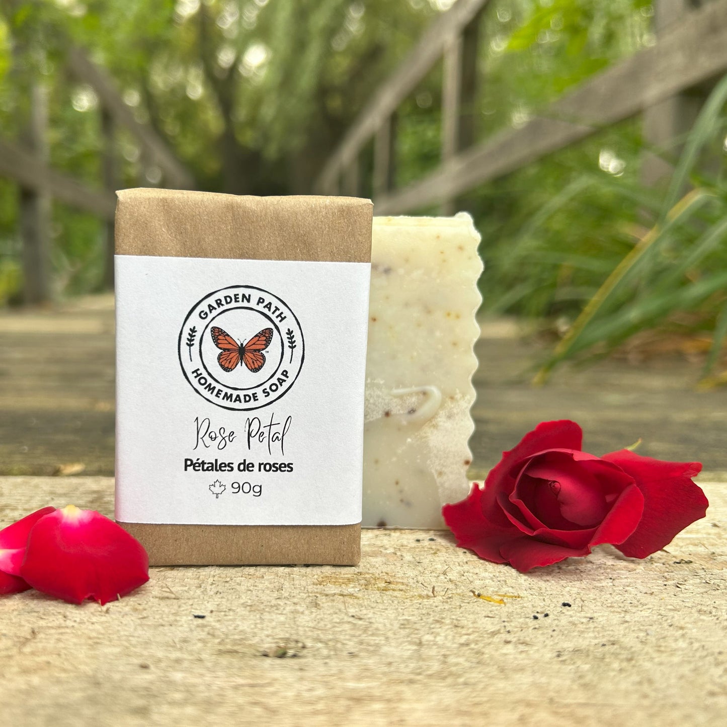 Rose petal natural bar soap handmade in Canada — cold process soap with real dried rose petals, classic romantic fragrance, 90g
