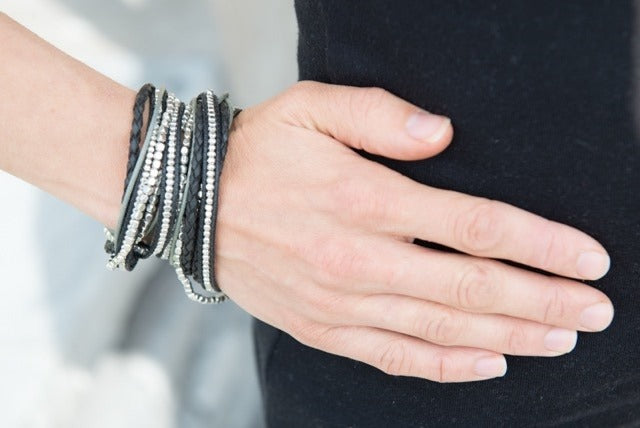 Silver and black beaded wrap bracelet worn on wrist — ethically sourced boho jewelry handmade in India