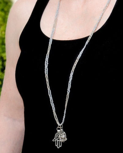 Handcrafted hamsa hand beaded necklace — bohemian spiritual jewelry made in India