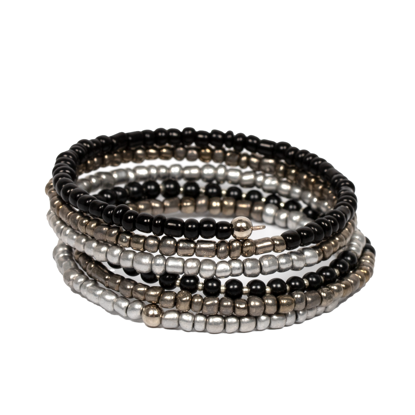 Colorful spiral beaded bracelet bohemian stacking jewelry in silver grey and black