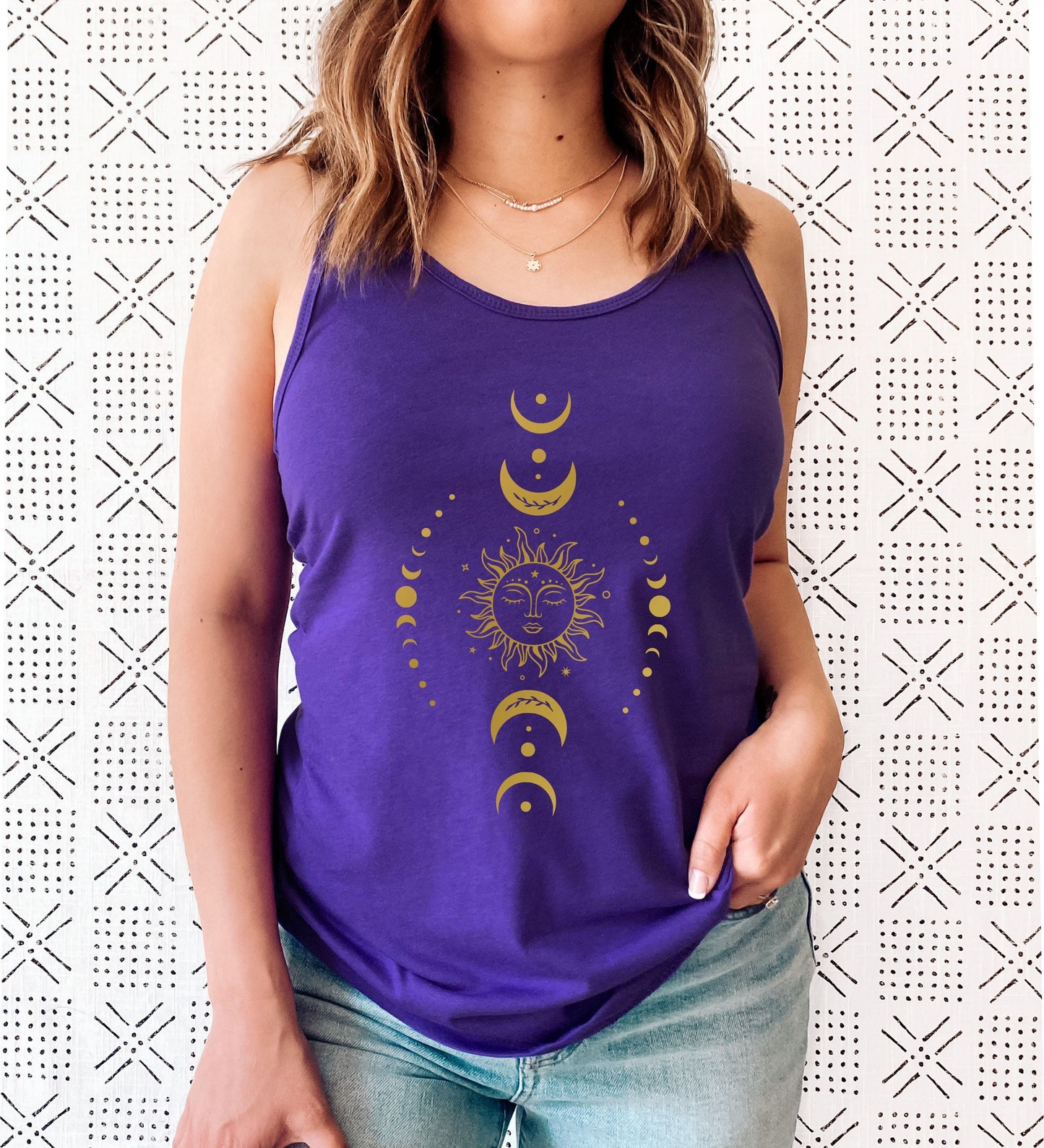 Spiritual celestial women's tank top for moon lovers and mindful living in purple
