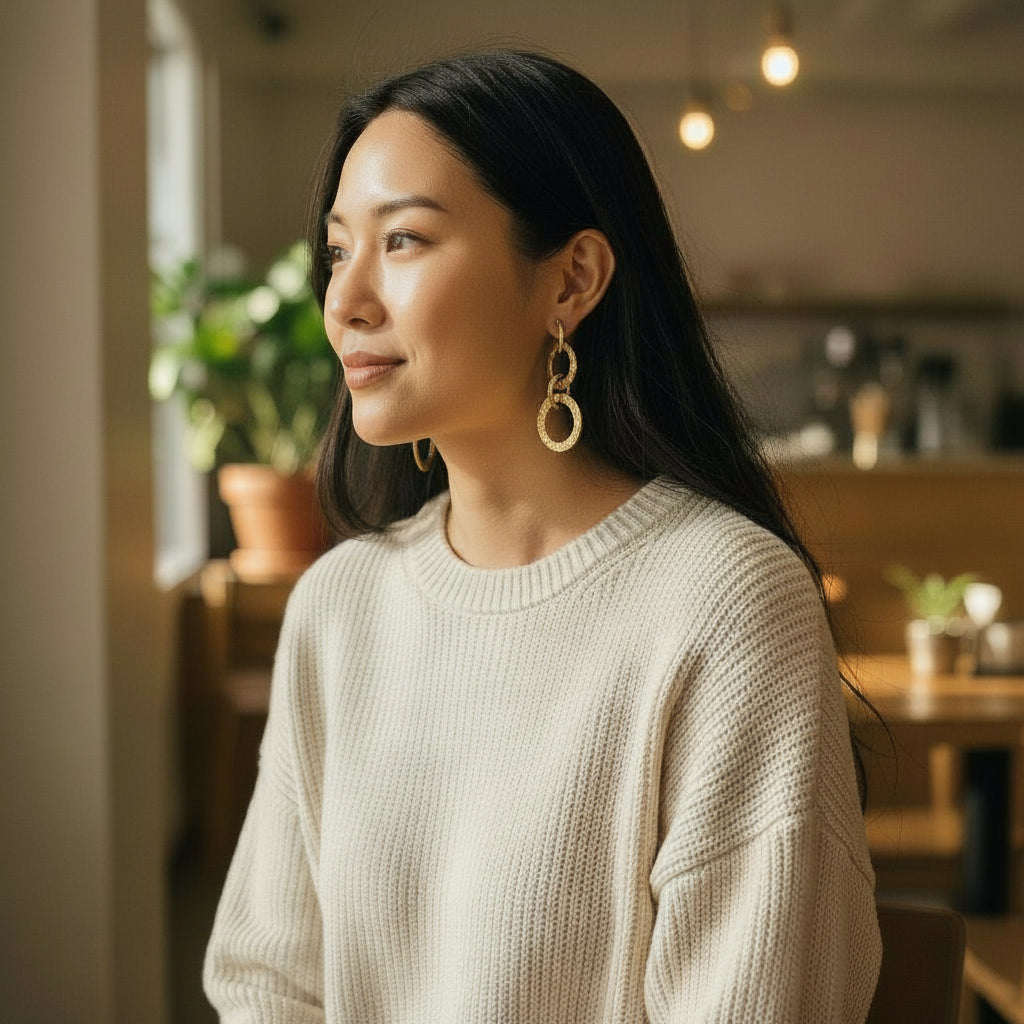 Gold stainless steel linked circle hoop earrings in a womans ear made in bali minimalist jewelry