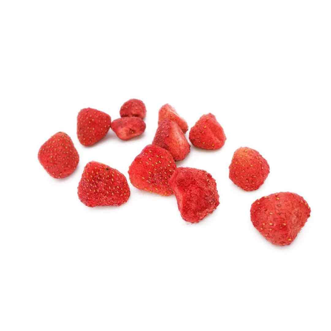 Close-up of sugared dried strawberries by Rayhana Organics — vibrant dehydrated fruit for natural treats
