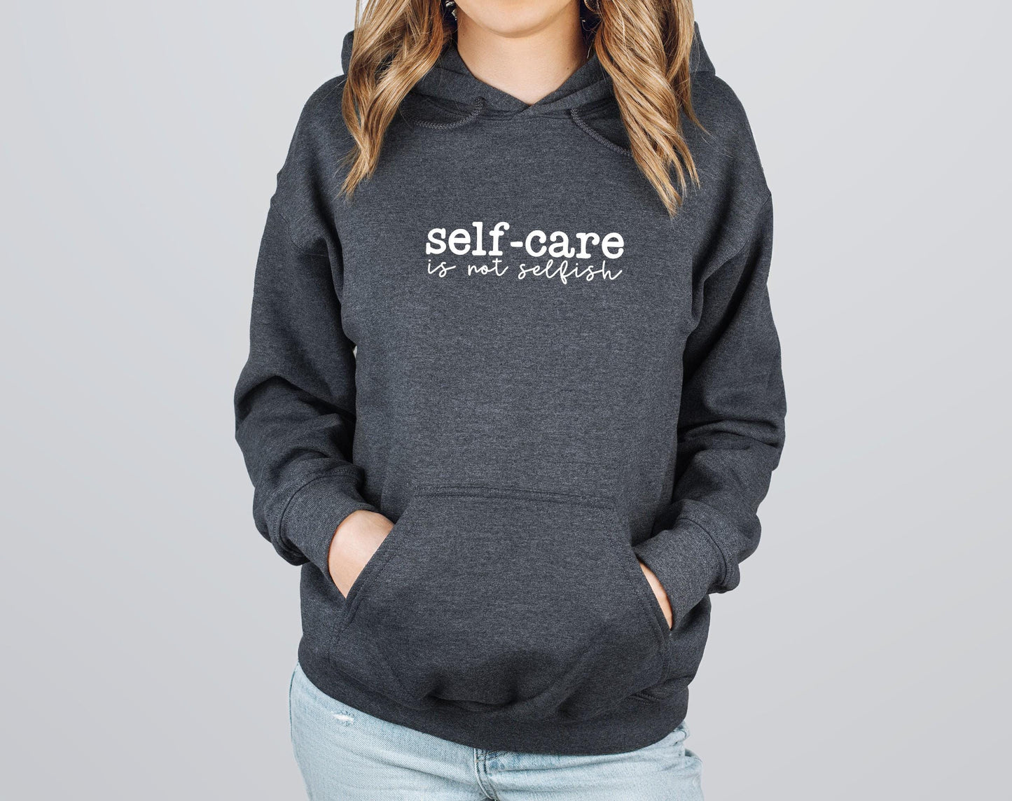 Women's self-care hoodie with empowering and honest affirmation graphic print in grey