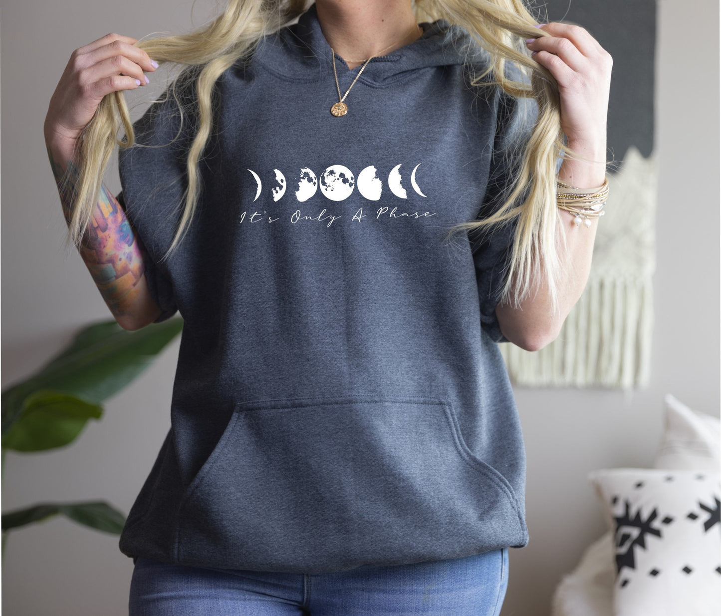 Beautiful moon phases hoodie as a perfect gift for spiritual and celestial women in grey front view