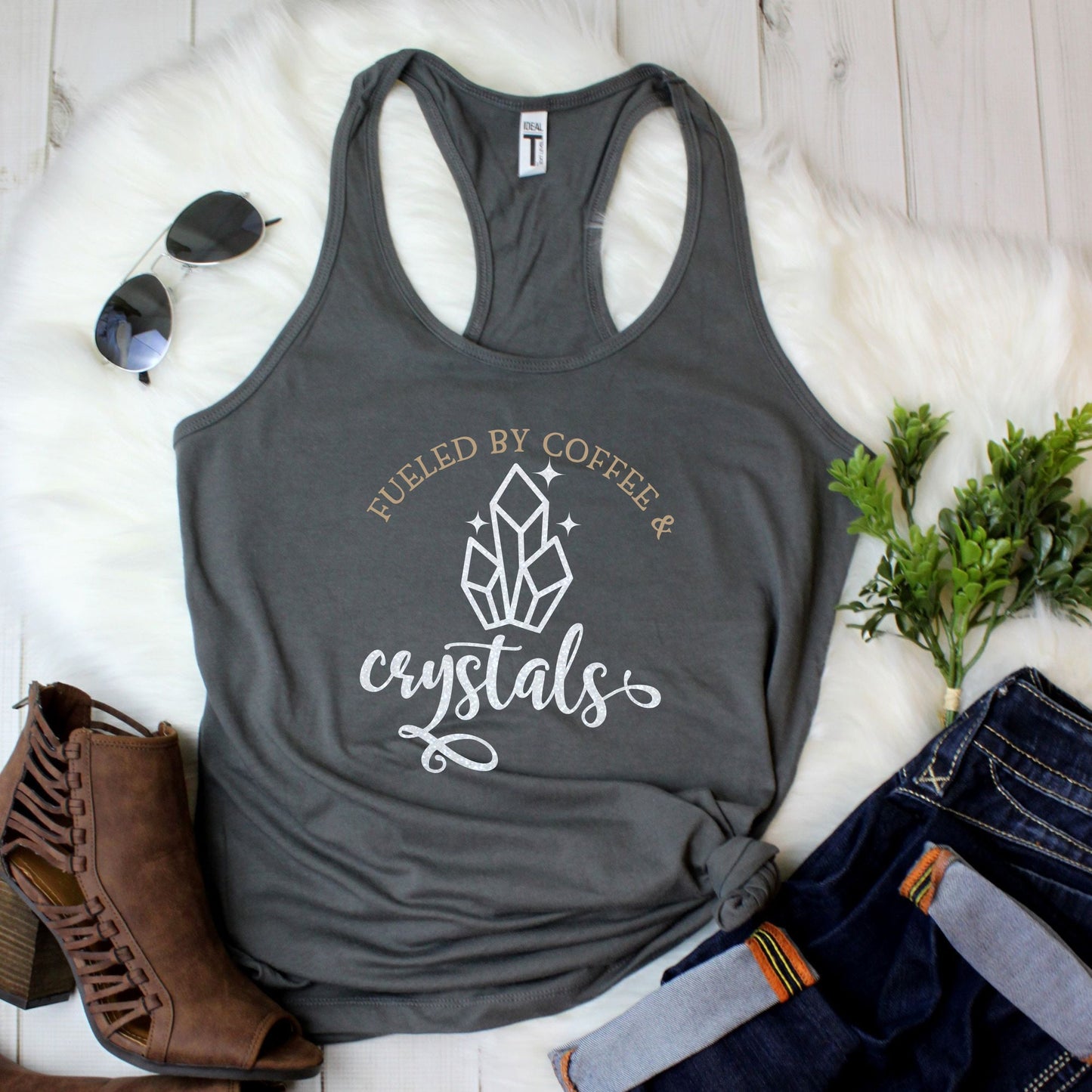 Coffee and crystals tank top in soft breathable fabric for yoga and everyday wear in grey