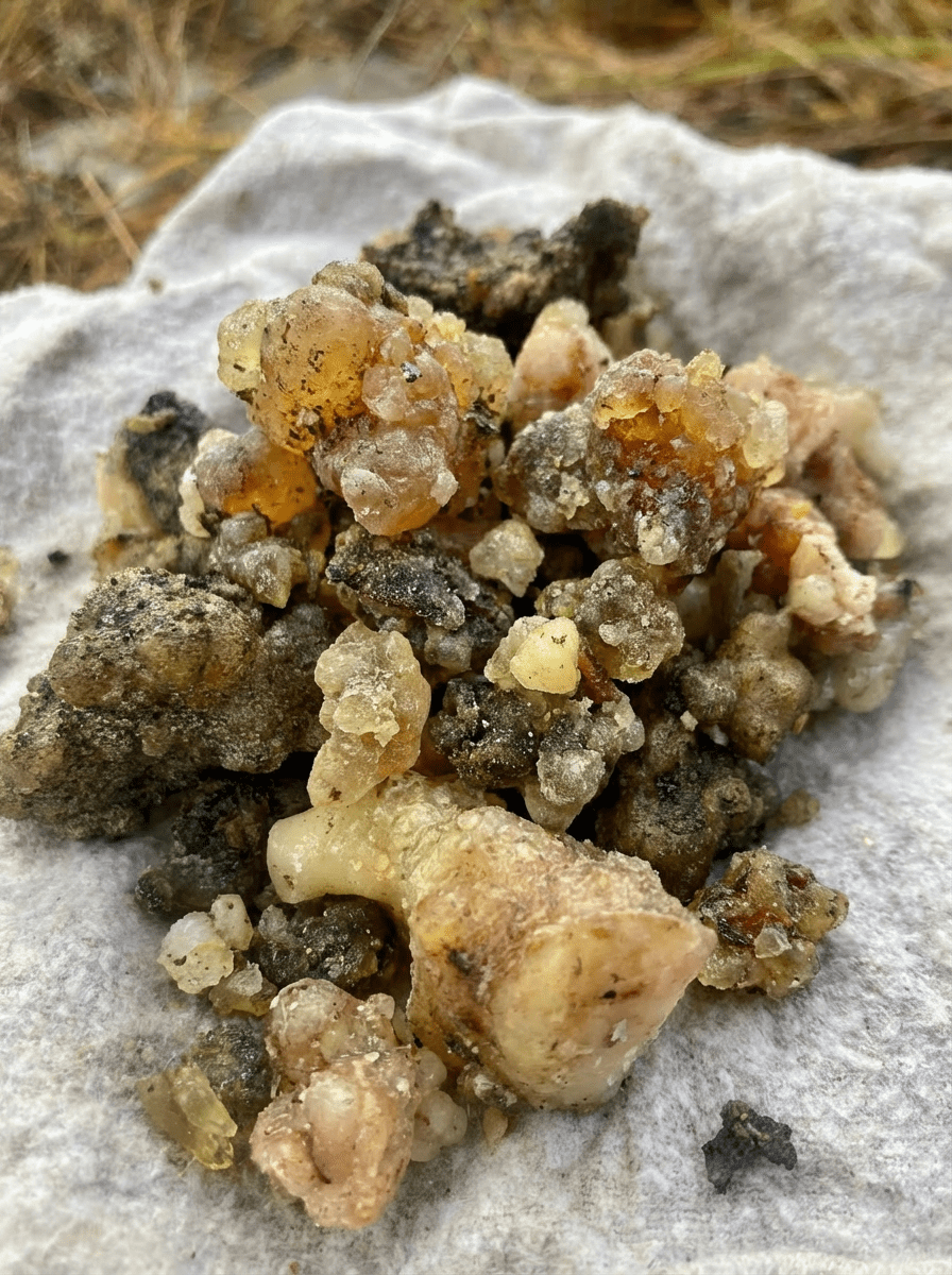 Close-up of amber-colored mineral crystals on a light gray surface