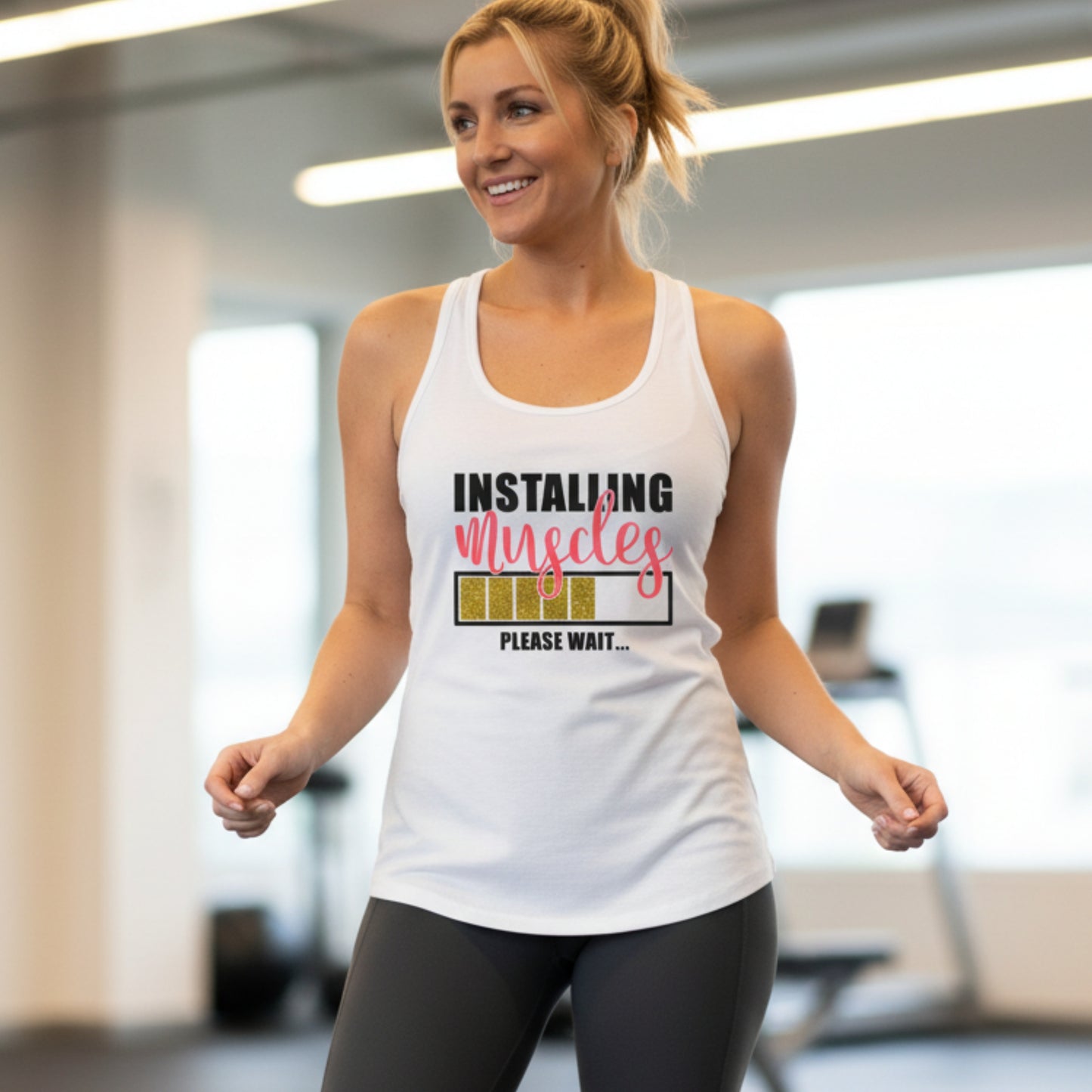 Installing Muscles Please Wait women's workout tank — humorous fitness gift for her, perfect for the woman who earns every rep