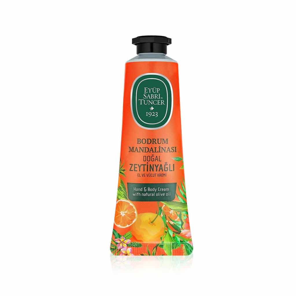 Mandarin Olive Oil Hand & Body Cream – 50 ml bottle with orange design on a white background