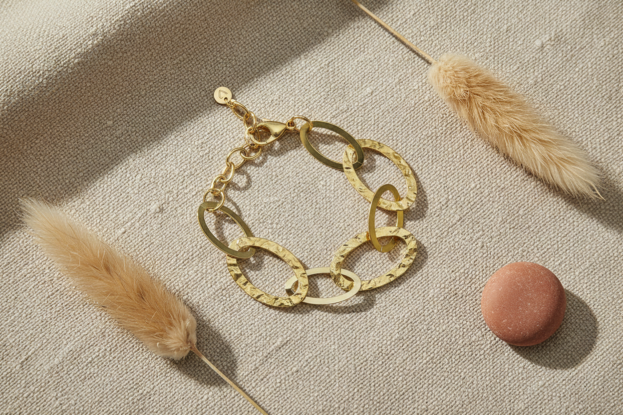 Gold oval link chain bracelet minimalist artisan jewelry on table