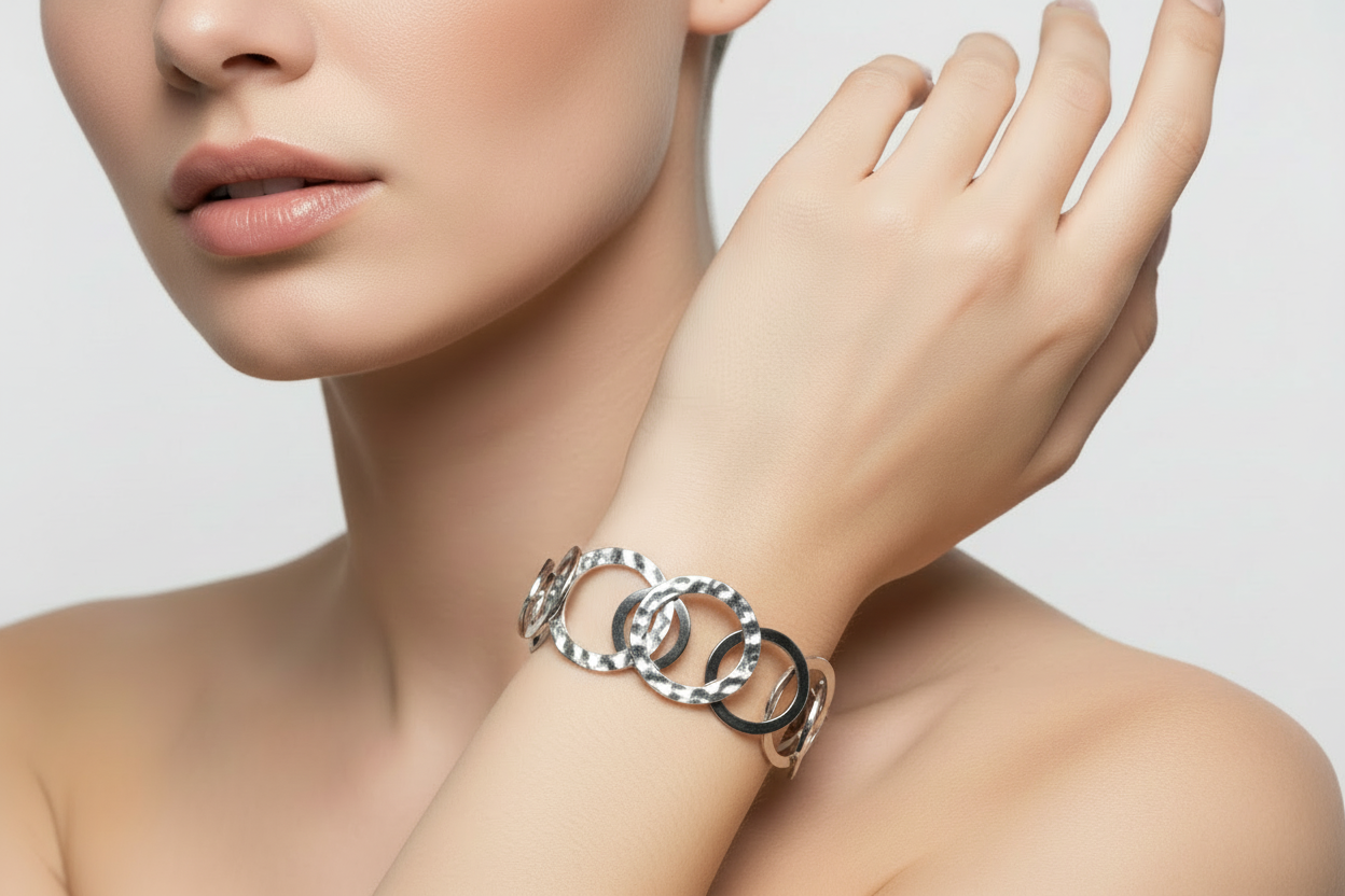 Handmade silver circle bracelet boho everyday jewelry on wrist