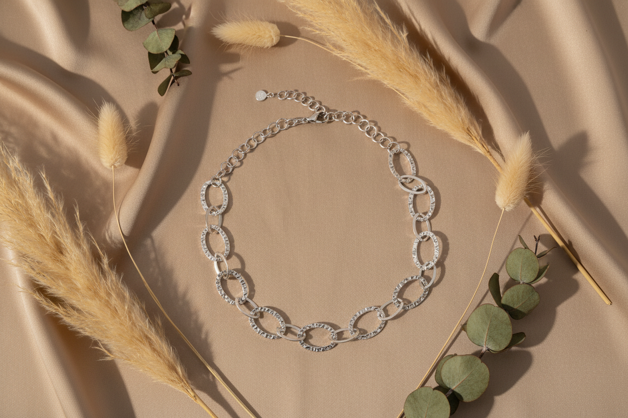 Handmade silver linked oval necklace everyday boho style