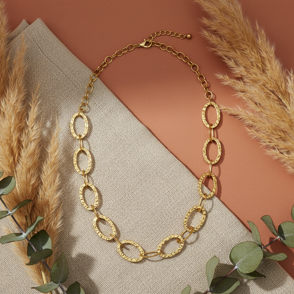 Handcrafted gold linked oval necklace — tarnish-resistant Bali jewelry