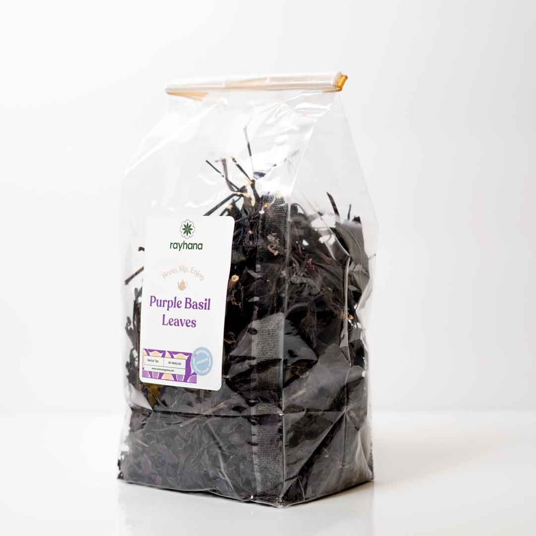 Rayhana Organics dried purple basil leaves — fragrant dehydrated herb for wellness blends and culinary use