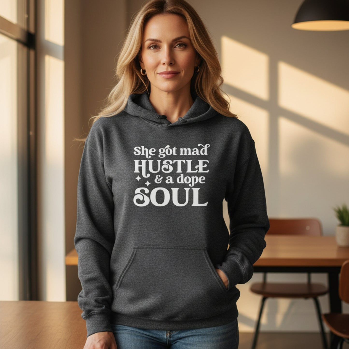 Dark heather grey hustle and soul graphic hoodie — motivational gift for female entrepreneurs, side hustlers, and women who lead with both fire and heart