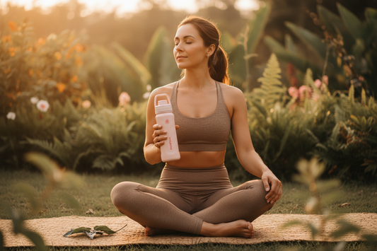 Woman practicing yoga outdoors holding a blush pink AquaFlask insulated water bottle — shop AquaFlask in Canada at Best Life Apparel