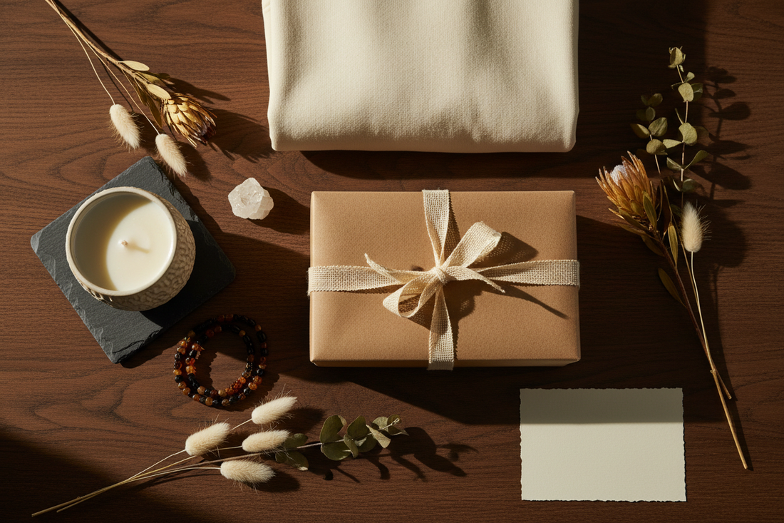 A warm, airy boutique interior with natural light, a tropical plant, and a white bench styled with a cream sweatshirt, soy candle, gemstone bracelet and crystal — thoughtful Mother's Day gift ideas for mom or wife from Best Life Apparel.